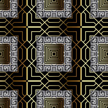 Altın geometrik çizgiler kusursuz desen. Lüks modern vektör arka planı. Deco arkaplanını tekrar et. Ekoseli tartan tarzı Yunan süslemeleri geometrik şekiller, çizgiler, kareler, çerçeveler. Yunan anahtarı, avare.