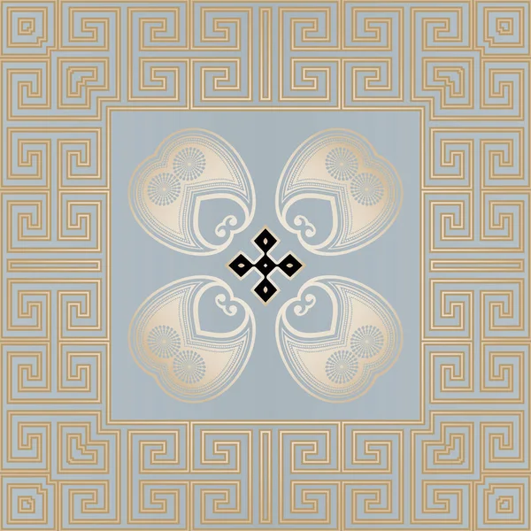 ギリシャの正方形のフレームと国境シームレスなパターン ベクトル装飾の美しい背景 装飾的な古代部族の民族スタイルの背景 ギリシャ語のキーは ペイズリーの花とエレガントな装飾を意味します — ストックベクタ