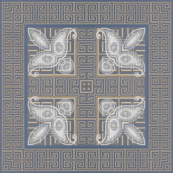 ギリシャの正方形のフレームと国境シームレスなパターン ベクトル装飾ラインの背景 装飾的な古代部族の民族スタイルの背景 ギリシャ語のキーは ペイズリーの花と幾何学的な装飾を意味します — ストックベクタ