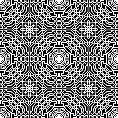 Karmaşık bir Kelt tarzı var. Süslü vektör siyah beyaz arka plan. Tekrar ediyorum, arkaplan çok güzel. Gotik süsler. Dekoratif desenli tasarım. Şablon. Sonsuz doku.