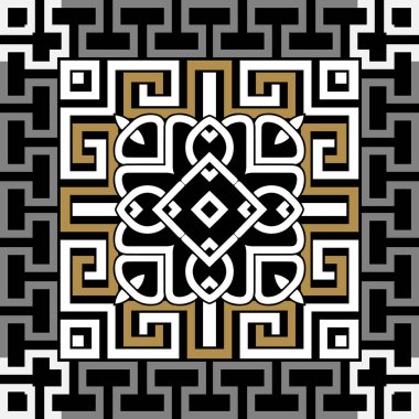 Kare çerçeveler ve sınırlar. Yunan tarzı kare, pürüzsüz desen. Zarif vektör arkaplanı. Sınırlar ve çerçeve tasarımı. Modern süs. Yunan anahtarı, dolambaçlı yollar, düğümler, çiçekler, şekiller. Döşeme, halı, kumaş