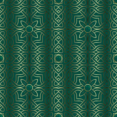 Altın lüks 3D çizgiler kusursuz desen. Süslü yeşil çiçekli arka plan. Arabesk arkaplanını tekrarla. Kelt Gotik tarzı altın Deco süsü. Güzel çizgiler, sanat, karmaşık tasarım. Üç boyutlu düğmeler. Çiçekler.