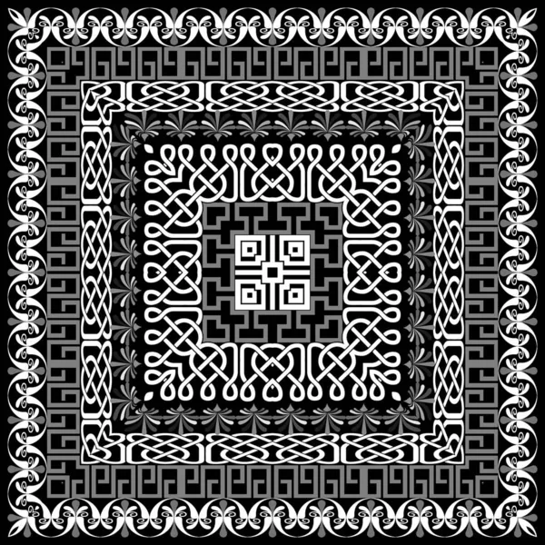 正方形のフレーム モノクロームギリシャ語とセルティックスタイルの正方形のパターン ブラックホワイトグレーのエレガントなベクトルの背景 境界線とフレームのデザイン 花飾りだ ギリシャの鍵 結び目 — ストックベクタ
