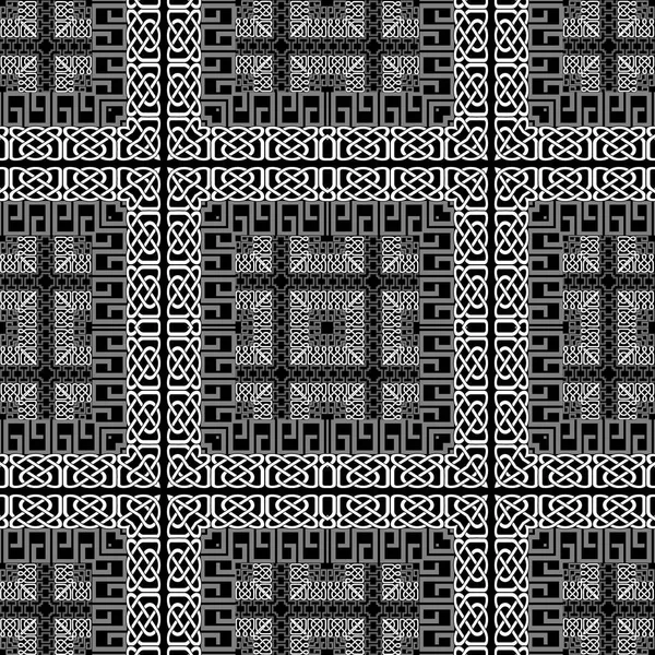 黒と白の部族の民族シームレスなパターン ベクトルはタータンの背景を再生します ギリシャ語の鍵だ 正方形のフレーム 境界線 ケルトの結び目 抽象幾何学的な伝統的な装飾 無限のテクスチャ — ストックベクタ