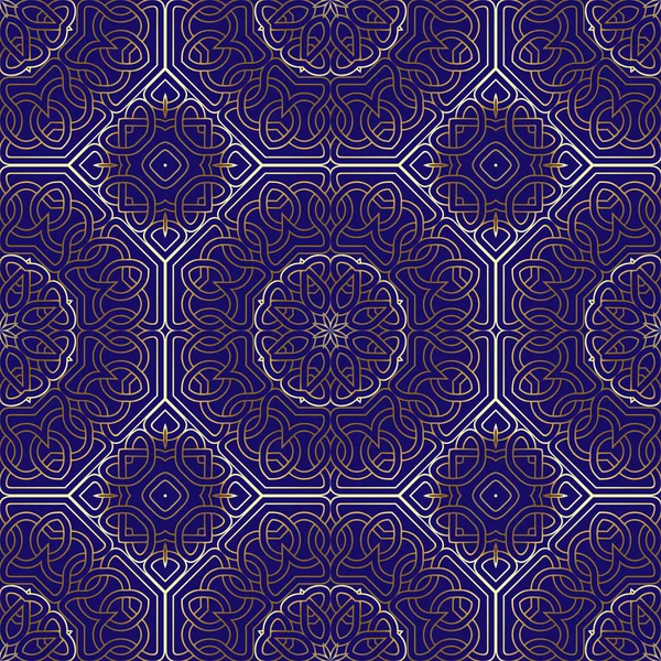 Oro Líneas Lujo Patrón Sin Costuras Fondo Floral Azul Ornamental — Vector de stock