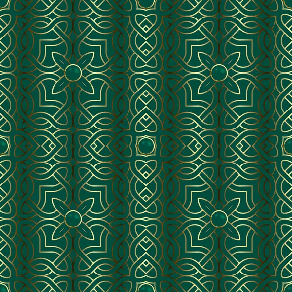 Altın lüks 3D çizgiler kusursuz desen. Süslü yeşil çiçekli arka plan. Arabesk arkaplanını tekrarla. Kelt Gotik tarzı altın Deco süsü. Güzel çizgiler, sanat, karmaşık tasarım. Üç boyutlu düğmeler. Çiçekler.