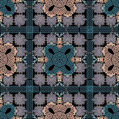 Çiçeksiz Yunan deseni. Renkli vektör geometrik arkaplan. Soyut Yunan anahtarı, daha asilce bir süs. Kabile etnik ekoseli arka planını tekrarla. Vintage çiçekler, yapraklar, çerçeveler, sınırlar, çizgiler, şekiller.