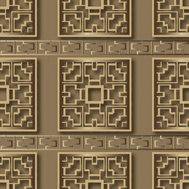 3D altın pürüzsüz desen. Vektör ızgara arka planı. Yüzey kare çerçevelerini tekrar arkaplan. Yunan anahtarıyla modern süslemeler, dolambaçlı yollar, kareler, çerçeveler, sınırlar, şekiller. Gölgelerle süslenmiş altın tasarım.
