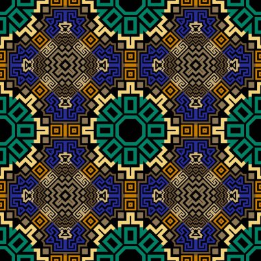 Güzel, kusursuz bir desen. Renkli süslemeli Yunan vektör arka planı. Modern geometrik soyut süs. Kabilenin etnik kökeni, parlak arka plan. Yunan anahtarı, dolambaçlı çerçeve, şekil, eşkenar dörtgen, sekizgen.