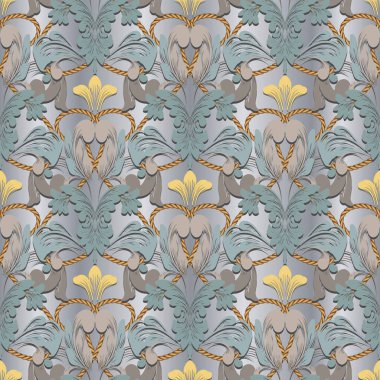 Güzel Barok tarzı, 3 boyutlu kusursuz desen. Zarif süslemeli vektör arkaplanı. Işık arkaplanını tekrarla. Barok Viktorya tarzı süs. Klasik çiçekler, yapraklar, ipler, düğümler. Modern tasarım