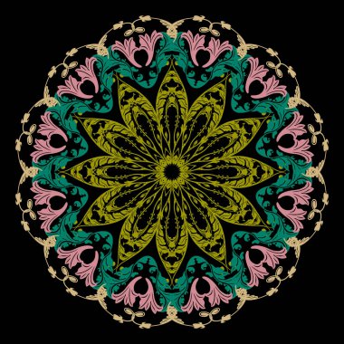 Çiçeklerin rengarenk mandala deseni. Vektör süslemeli Barok tarzı arkaplan. Dekoratif parlak fon. Çiçekler, yapraklar ve dallarla süslü süslü püslü bir bohem süsü. Tabak. Rosette..