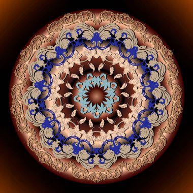 Yuvarlak 3d vintage mandala deseni. Barok, Rönesans tarzı çiçek arkaplanı. Lüks dekoratif fon. Klasik çiçekler, yapraklar, çerçeve. Damask süslemeleri. Güzel süslemeli vektör tasarımı. Rosette..