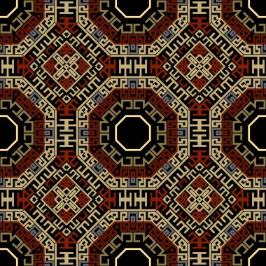 Zarif Yunanlı kusursuz desen. Renkli süslemeli vektör arka planı. Modern geometrik soyut süs. Kabilenin etnik kökeni, parlak arka plan. Yunan anahtarı, dolambaçlı çerçeve, şekil, eşkenar dörtgen, sekizgen.