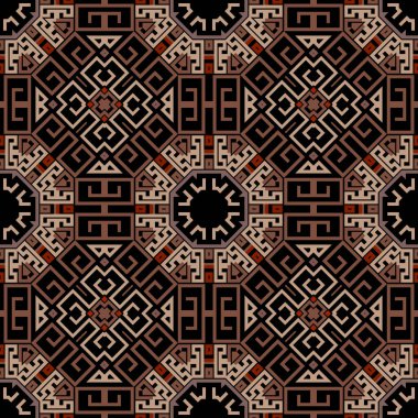 Yunan kusursuz deseni. Renkli süslemeli vektör arka planı. Modern geometrik soyut süs. Kabile etnik tekrarlar süsleme arka planı. Yunan anahtarı, dolambaçlı çerçeve, şekil, eşkenar dörtgen, sekizgen.