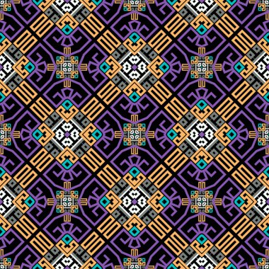 Geometrik kabile rengarenk, dikişsiz desen. Süslü Yunan tarzı arka plan. Modern arkaplanı tekrar et. Soyut parlak moda süsler. Yunanca anahtar, gezginler, eşkenar dörtgenler, şekiller.