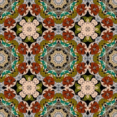 Rengarenk bohem desenli. Motley çingene tarzı süslemeli vektör arka planı. Parlak arkaplanı tekrar et. Mandalalar, çiçekler ve yapraklar. Eski moda süsleme tasarımı. Sonsuz doku.