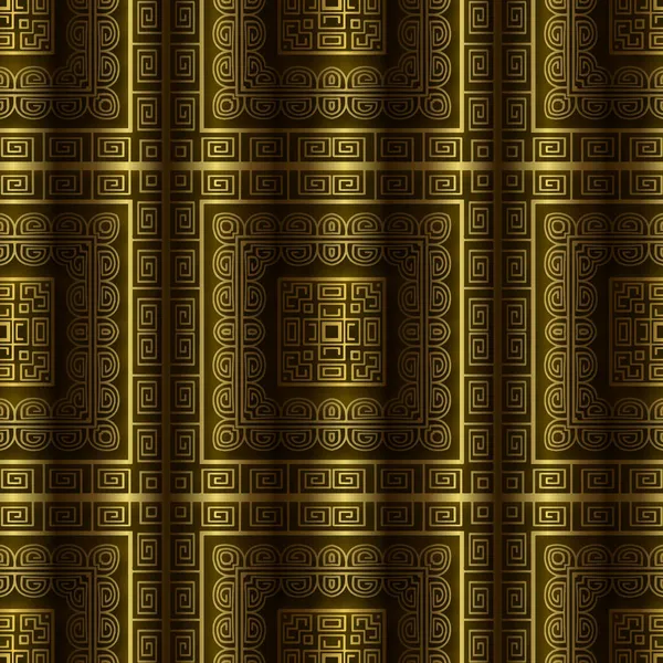 3Dゴールドシームレスパターン ベクトルギリシャの背景 表面の繰り返し正方形のフレームの背景 ギリシャキー 正方形 フレーム 境界線 形状と現代の装飾 影のある金色のデザイン — ストックベクタ