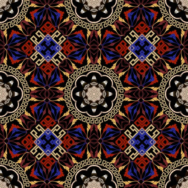 ギリシャのシームレスなパターン カラフルな花のベクトルの背景 現代の幾何学抽象装飾 背景を繰り返す ギリシャの鍵 丸みを帯びたマンダラ ヴィンテージの花 — ストックベクタ
