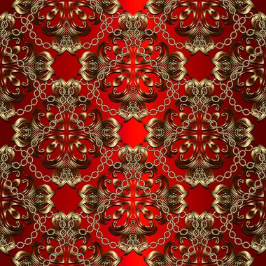 Hıristiyan altını kusursuz bir desen çizer. Barok tarzı çiçek vektör arkaplanı. Kırmızı arkaplanı tekrarla. Zincirli 3D süs. Antika dindeki klasik çiçekler kesişir. Sonsuz dokuyu süsleName