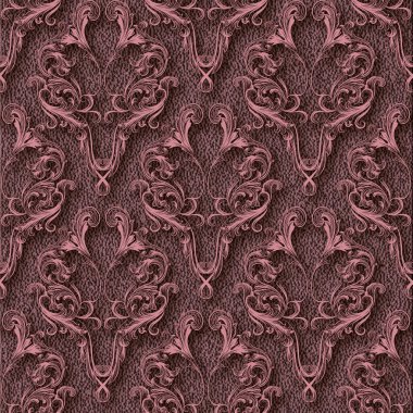 Barok 3D kusursuz desen. Dokulu yüzey pembe arka plan. Grunge noktalı arkaplanı tekrar et. Şatafatlı, 3 boyutlu çiçek süslemeleri. Barok Viktorya tarzı modeller. Duvar kağıtları için lüks Damask tasarımı.