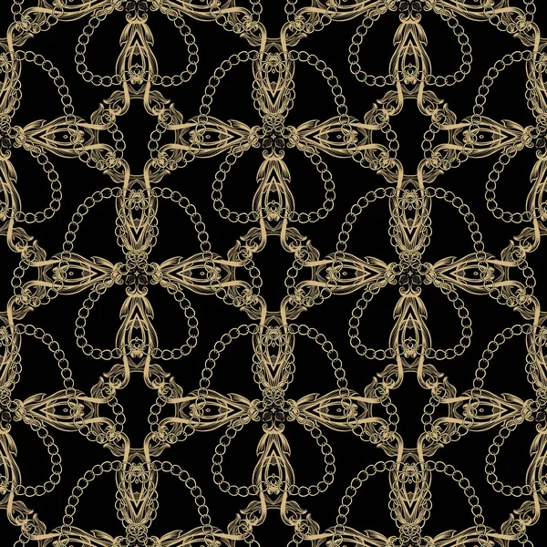Patrón Sin Costuras Damasco Oro Fondo Ornamental Negro Dorado Adornos — Archivo Imágenes Vectoriales