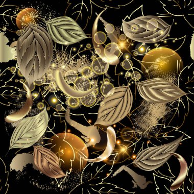 3D altın sonbahar yaprakları pürüzsüz desen. Modern yapraklı kirli vektör arkaplanı. Soyut kaba, parlak zemin. Fırça darbeleri, kabarcıklar, çiçekler. El yapımı sonbahar yaprakları. Moda süsü