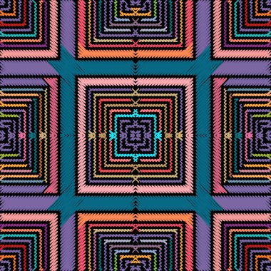 Renkli desenli ekoseli, dikdörtgen desenli. Parlak süslemeli şebeke geçmişi. Duvar halısı işlemeli zigzag süsü. Kabile etnik tekrarlama vektör arkaplanı. Çizgiler, kareler, zig zag