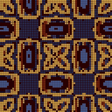 Renkli piksel pürüzsüz desen. Dijital stil süslemeli vektör arkaplanı. Geometrik şebeke arkaplanını tekrar et. Damalı tasarım. Mozaik süsler. Paket, kapak, parmak izi, kumaş, tekstil için..