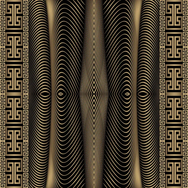 Goldene Griechische Grenzen Nahtlose Muster Verzerrte Linien Oberfläche Hintergrund Drapery — Stockvektor