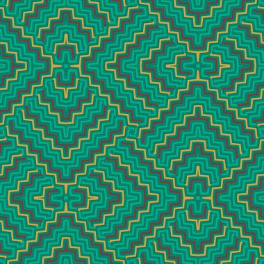 Zigzag çizgileri kusursuz desen. Süslü çizgili yeşil arka plan. Vektör zig zag çizgileri süslemeleri. Geometrik soyut modern fon. Kabile etnik tarzı tasarım. Sonsuz zigzag dokusu.