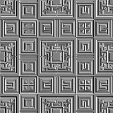 Kabartma Yunanca 3D kusursuz desen. Kabartmalı gri kabartmalı arka plan. Yunan anahtarlarının yüzeyi geometrik süs. Soyut tekrarlanan dokulu arkaplan. Sonsuz kabartma dokusu. Kare panel. Döşeme.