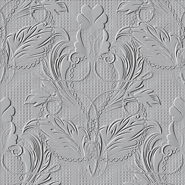 Baroque Style Emboss Seamless Pattern Textured Floral White Background Repeat — Stock Vector