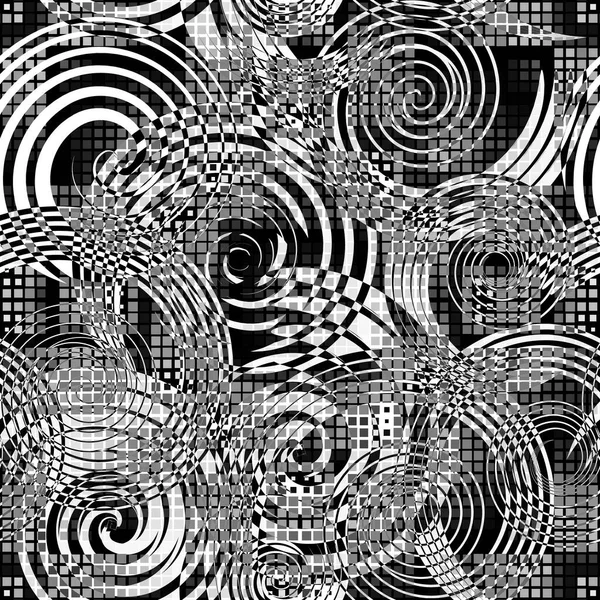 黑白螺旋形和圆形无缝图案 半色调方格马赛克背景 矢量重复网格背景 带有螺旋形 正方形的几何时髦饰物 — 图库矢量图片
