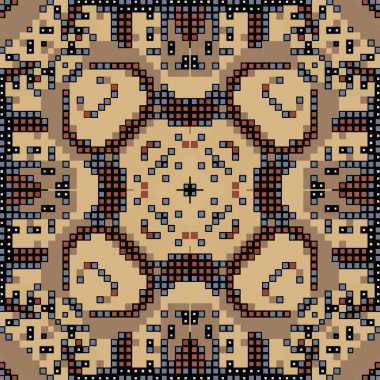 Mozaik kareler kusursuz desenler oluşturur. Geometrik süslemeli dijital arkaplan. İşaretli tekrarlanan ızgara arkaplanı. Kabile etnik soyut süsü. Nakış stili renkli tasarım. Sonsuz doku.