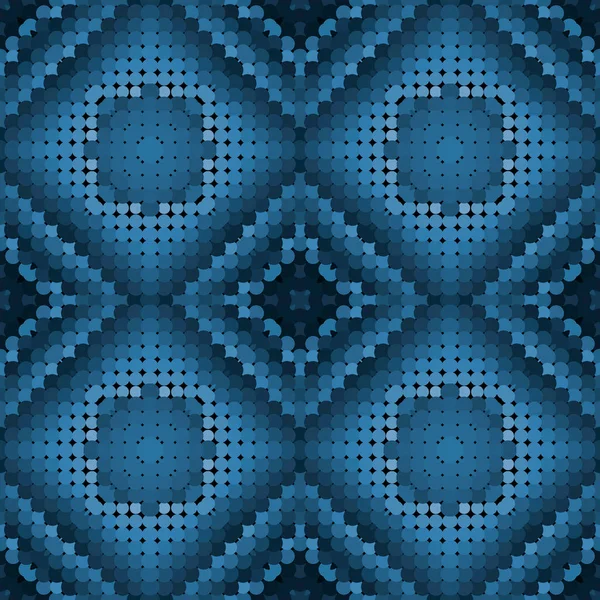幾何学的な半円のシームレスなパターン 青のハーフトーンのポルカドットの背景 抽象的な水玉模様の背景を繰り返します 現代のワッフルの飾り 菱形で光るデザイン — ストックベクタ