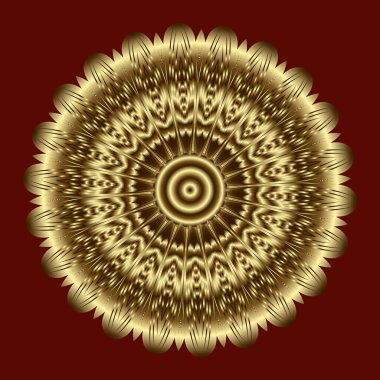 Altın desenli soyut 3D çiçek. Çiçek desenli yuvarlak. Altın çiçekli 3D süs. Yüzey parlak çiçek. Rosette. Tabak. Süslü dekoratif fon. Lüks tasarım. Grunge dokusu.