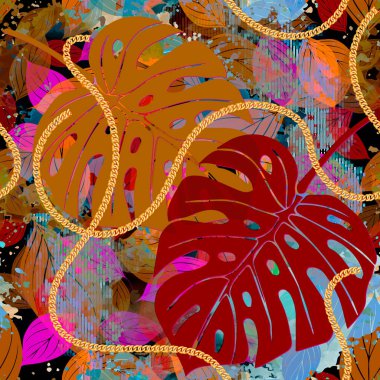 Palmiye parlak, pürüzsüz bir iz bırakır. Yapraklı sonbahar arkaplanı. Grunge arka fonunu tekrar et. Güzel renkli tropikal süsler. Sonsuz kirli doku. Zincirli modern fantezi tasarımı.