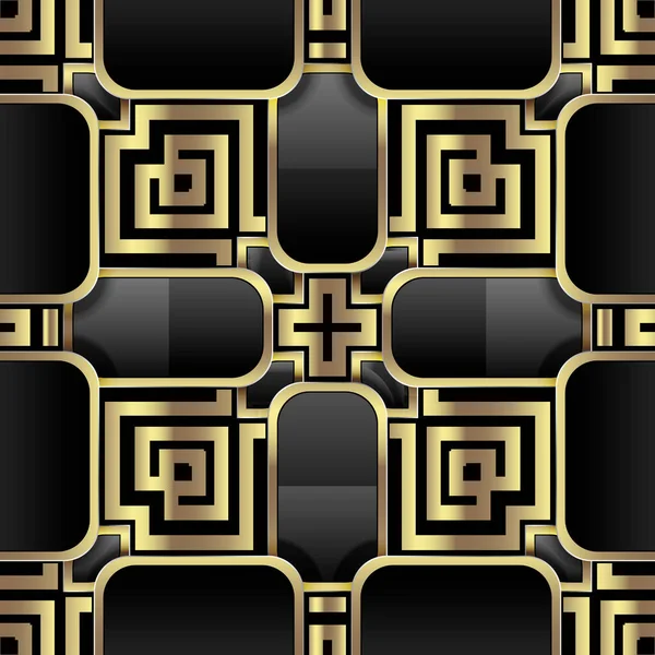 Gold Greek Key Meanders Seamless Pattern Checkered Ornate Geometric Background — Stockvektor