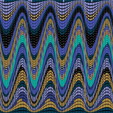 Waves seamless pattern. Ornamental wavy lines vector background. Mosaic repeat backdrop. Modern digital ornament. Patterned border design with blue halftone squares, waves. Endless colorful texture.