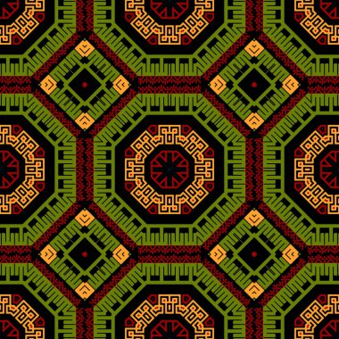 Tribal ethnic vector seamless pattern. Repeat abstract greek background. Greek key, meanders colorful ornament.  Geometric modern traditional design. Floral frames, borders, octagons, rhombus, shapes.