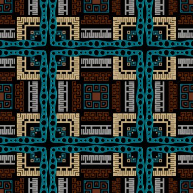 Colorful tribal ethnic seamless pattern. Vector plaid tartan background. Greek key, meanders. Square frames, borders, symbols, lines, holes. Abstract geometric traditional ornaments. Endless texture.