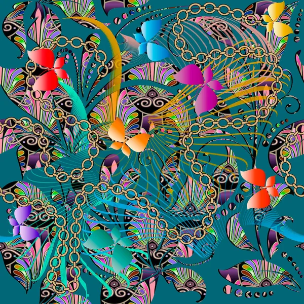 Bunte Schmetterlinge Und Blumen Nahtlose Muster Abstrakter Heller Floraler Hintergrund — Stockvektor