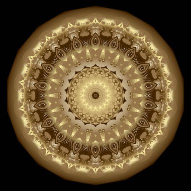 Altın, lüks, 3 boyutlu mandala deseni. Klasik süslemeli, güzel bir arka plan. Altın çiçekler. Noktalar, çizgiler, çiçekler, yapraklar, şekiller içeren etnik tarzda arabesk süsü. Dekorasyon tasarımı.