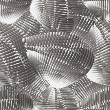 Üç boyutlu soyut kabuklar, kusursuz desen. Dokulu grunge hafif arkaplan. Modern dekoratif arkaplanı tekrar et. Yüzey modası geçmiş 3 boyutlu süsler. Çirkin desenli desenli çizgiler, çizgiler, şekiller.