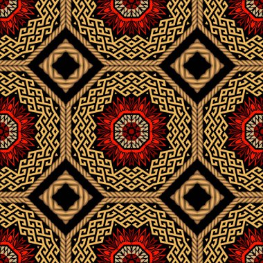 Kabile altını, kırmızı, siyah, pürüzsüz desen. Çiçek soyut vektör geçmişi. Yunan anahtarlık süsü. Dekoratif geometrik modern tasarım. Arka planı çiçeklerle, mandalalarla, eşkenar dörtgenlerle, halatlarla tekrarla