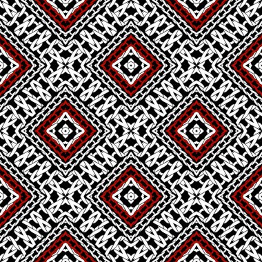 Örülmüş, pürüzsüz desen. Süslü vektör arkaplanı örmek. Tekrar ediyorum, örgü stili kırmızı siyah beyaz arka plan. Eşkenar dörtgen, at kuyruğu, çerçeve ve zikzak desenli modern süsler. Sonsuz süsleme dokusu.