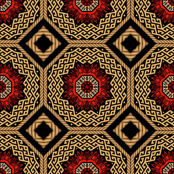部族民族金赤黒シームレスなパターン 花の抽象的なベクトル背景 ギリシャ語のキーワードの飾り 装飾的な幾何学的なモダンなデザイン マンダラ ロンバス ロープで背景を繰り返します — ストックベクタ