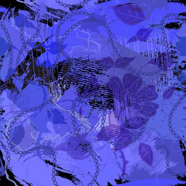 Getextureerde Bloemen Naadloos Patroon Ruwe Violet Blauwe Kleuren Achtergrond Herhaal — Stockvector