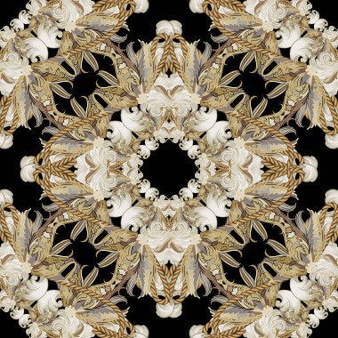 Klasik çiçeksiz desenli. Süslü Damask vektör arkaplanı. Klasik çiçekler, yapraklar. Lüks, altın iplerle süslenmiş Barok tarzı bir süs. Güzel, modern bir tasarım. Sonsuz doku