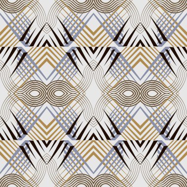 Zigzag ve dalgalı çizgiler pürüzsüz desen. Çizgili geometrik sembol arkaplanı. Süslü modern vektör arkaplanını tekrar et. Çizgili, zik zag çizgili, dalgalı, kıvrımlı soyut moda süsler. Beyaz üzerine.